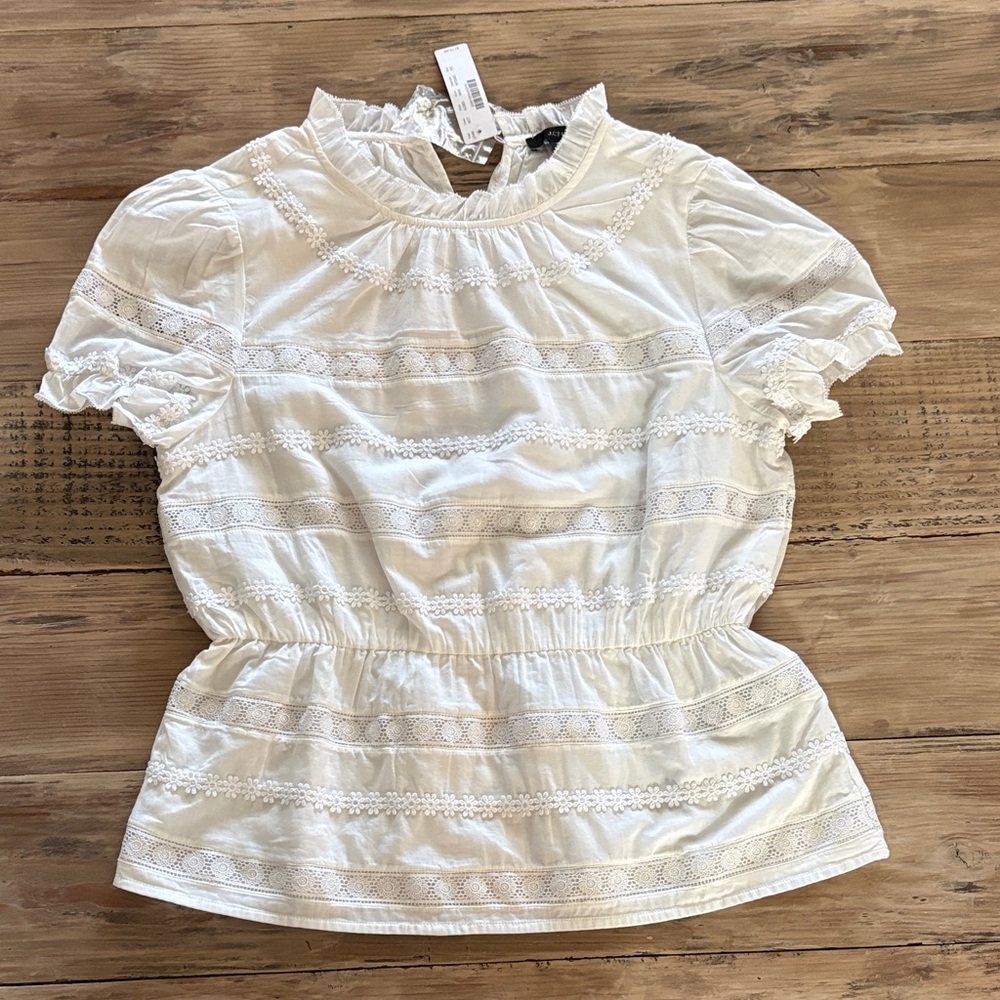 J. Crew White Eyelet Ruffled Mock-Neck Peplum Top